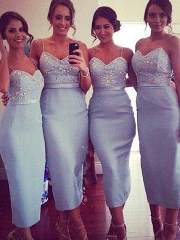 Sheath/Column Spaghetti Straps Sleeveless Satin Knee-Length Bridesmaid Dresses