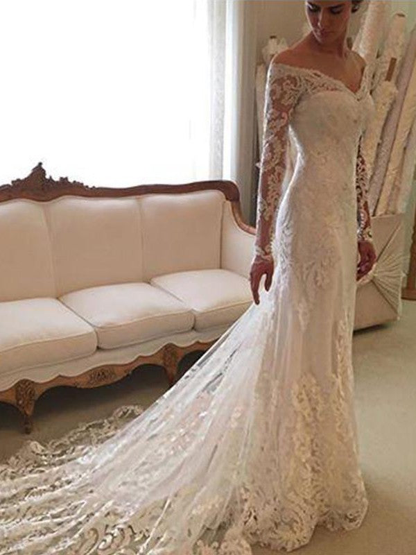 Sheath/Column Long Sleeves Lace Off-the-Shoulder Court Train Wedding Dresses