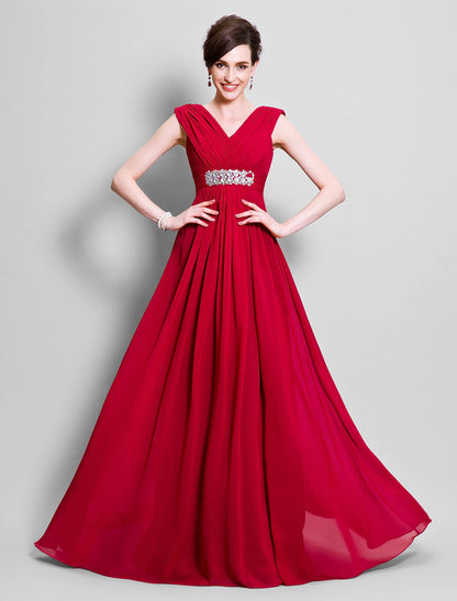A-Line Mother of the Bride Dress V Neck Floor Length Chiffon Sleeveless with Beading Side Draping
