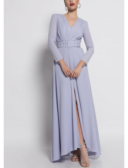 A-Line Mother of the Bride Dress Formal Wedding Guest Elegant V Neck Ankle Length Chiffon Long Sleeve with Sash / Ribbon Solid Color