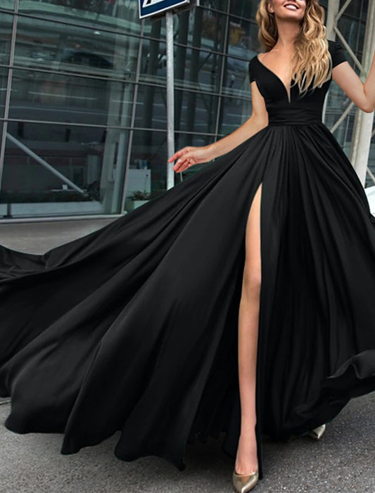 A-Line Prom Dresses Black Dress Dress Wedding Guest Black Tie Court Train Short Sleeve V Neck Stretch Fabric with Ruched Slit