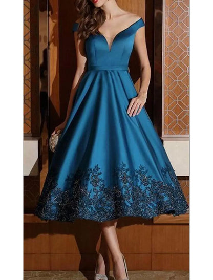 A-Line Cocktail Dresses Party Dress Formal Wedding Guest Tea Length Sleeveless V Neck Satin with Appliques