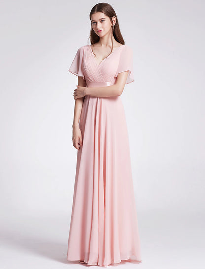 A-Line Empire Fall Wedding Guest Dress For Bridesmaid Plus Size Formal Evening Dress V Neck Short Sleeve Floor Length Chiffon with Pleats Ruched