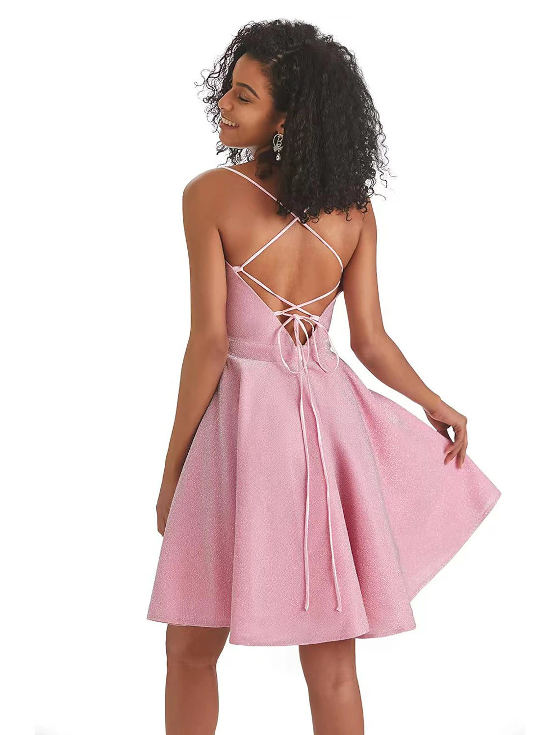 A-Line Homecoming Dresses Backless Dress Graduation Short / Mini Sleeveless Spaghetti Strap Pink Dress Lurex Fabric with Sequin Strappy