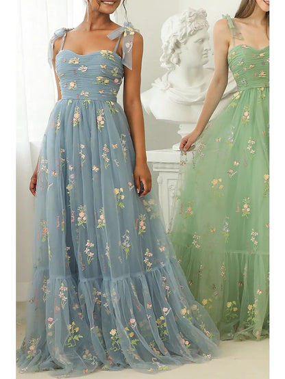 A-Line/Princess Spaghetti Straps Floor-Length Long Prom Floral Dresses