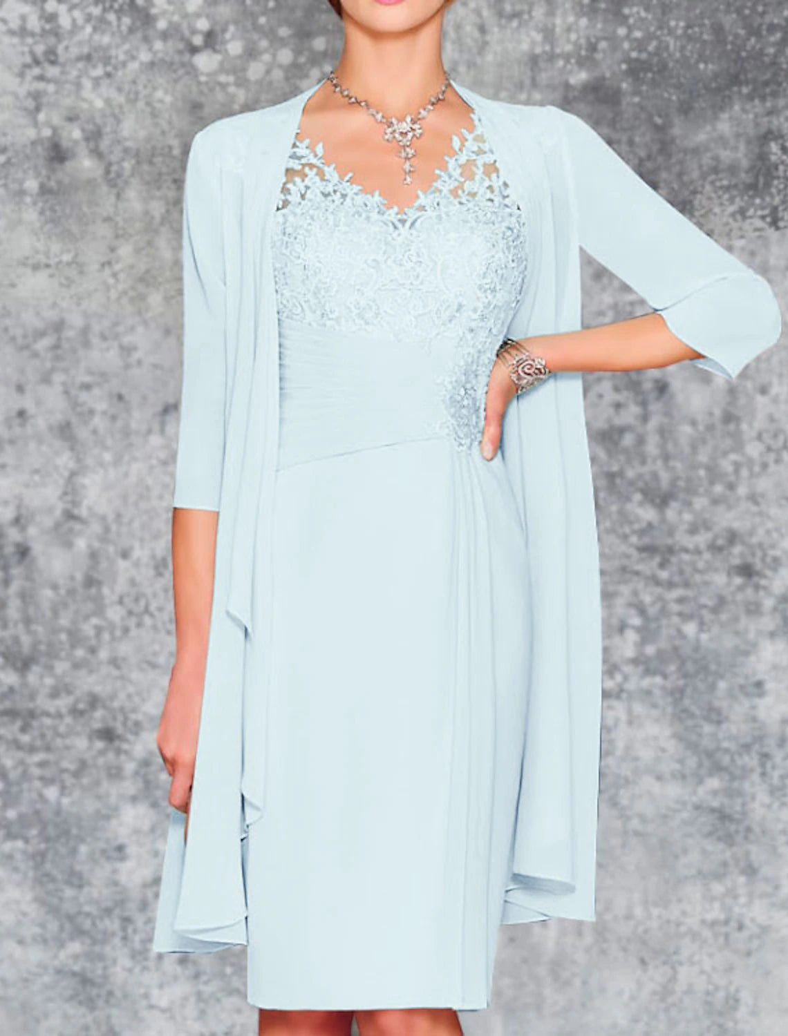 Two Piece Sheath / Column Mother of the Bride Dress Fall Wedding Guest Church Elegant Length Sleeve V Neck Knee Length Lace Chiffon 3/4 with Jacket Embroidery