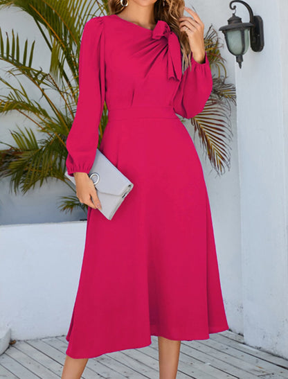 A-Line Cocktail Dresses Party Dress Wedding Guest Cocktail Party Tea Length Long Sleeve Jewel Neck Spandex with Ruched
