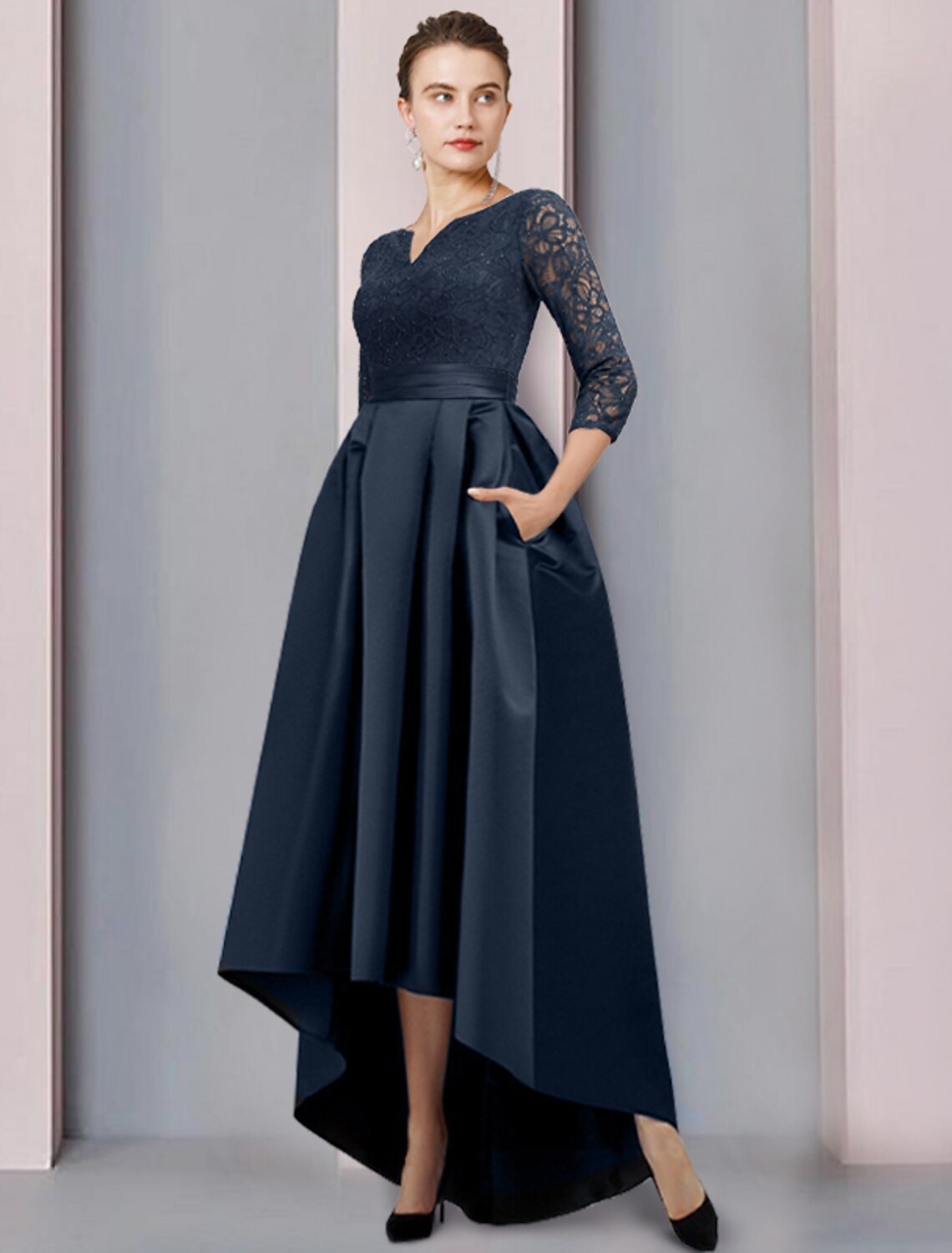 A-Line Mother of the Bride Dress Wedding Guest Elegant High Low Scoop Neck Asymmetrical Tea Length Satin Lace 3/4 Length Sleeve with Pleats Appliques