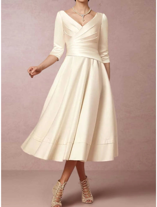 A-Line Mother of the Bride Dress Elegant Simple V Neck Tea Length Satin Half Sleeve with Pleats Ruched