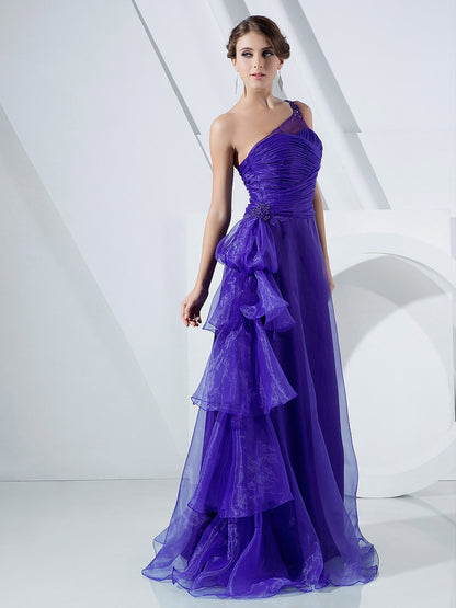 A-Line Elegant Dress Formal Evening Floor Length Sleeveless One Shoulder Organza with Side Draping Cascading Ruffles