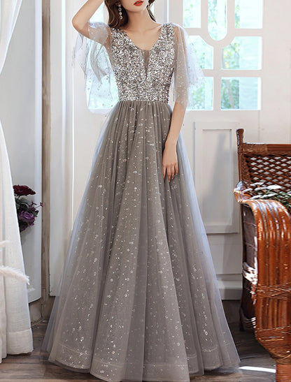 A-Line Evening Gown Sparkle Dress Wedding Guest Formal Evening Floor Length Half Sleeve V Neck Tulle with Sequin Splicing