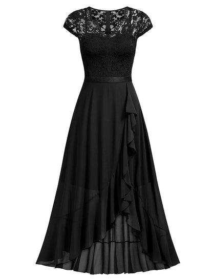 A-Line Cocktail Dresses Little Black Dress Dress Wedding Guest Asymmetrical Short Sleeve One Shoulder Chiffon with Pleats Lace Insert