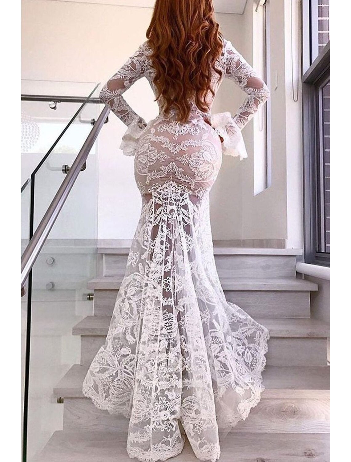 Beach Boho Wedding Dresses Mermaid / Trumpet V Neck Long Sleeve Sweep / Brush Train Lace Bridal Gowns With Appliques Split Front Summer Fall Wedding Party