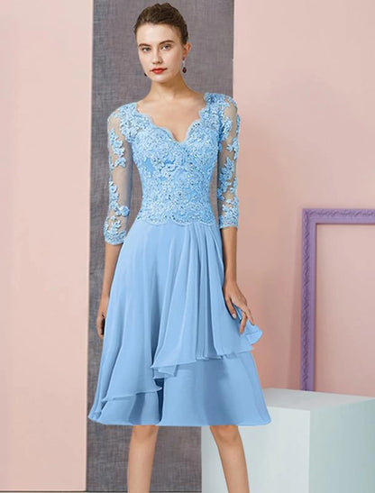 A-Line Mother of the Bride Dress Formal Wedding Guest Vintage Elegant V Neck Knee Length Chiffon Lace Half Sleeve with Pleats Sequin Appliques