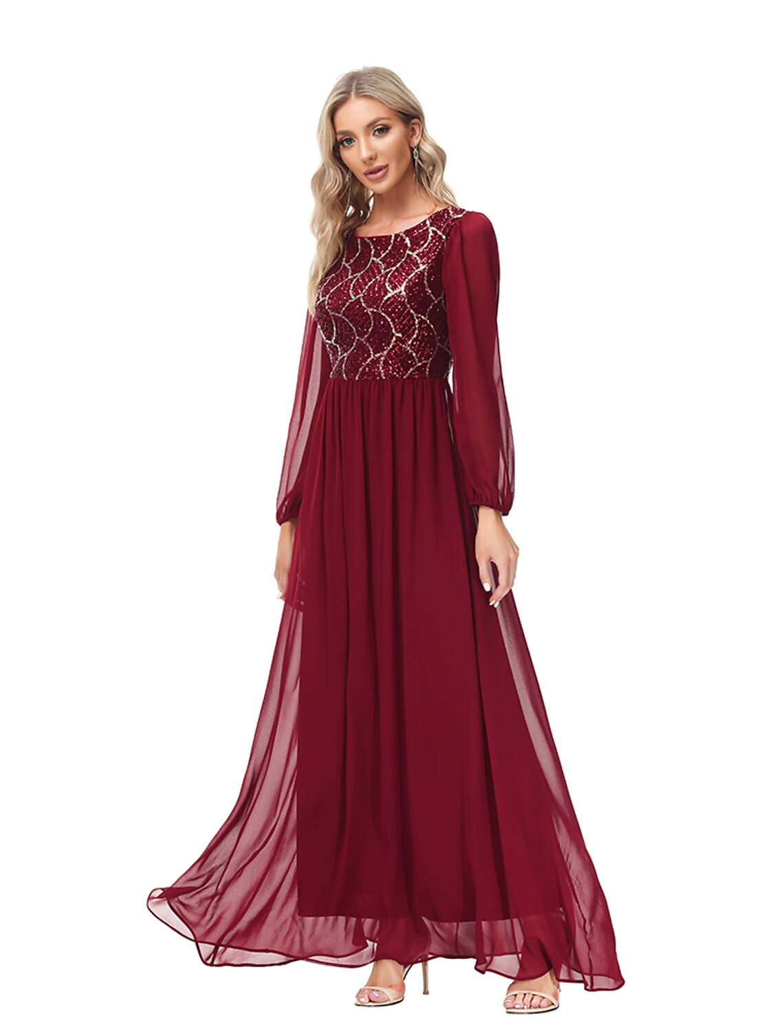 A-Line Evening Gown Empire Dress Party Wear Floor Length Long Sleeve Jewel Neck Chiffon V Back with Sequin Splicing