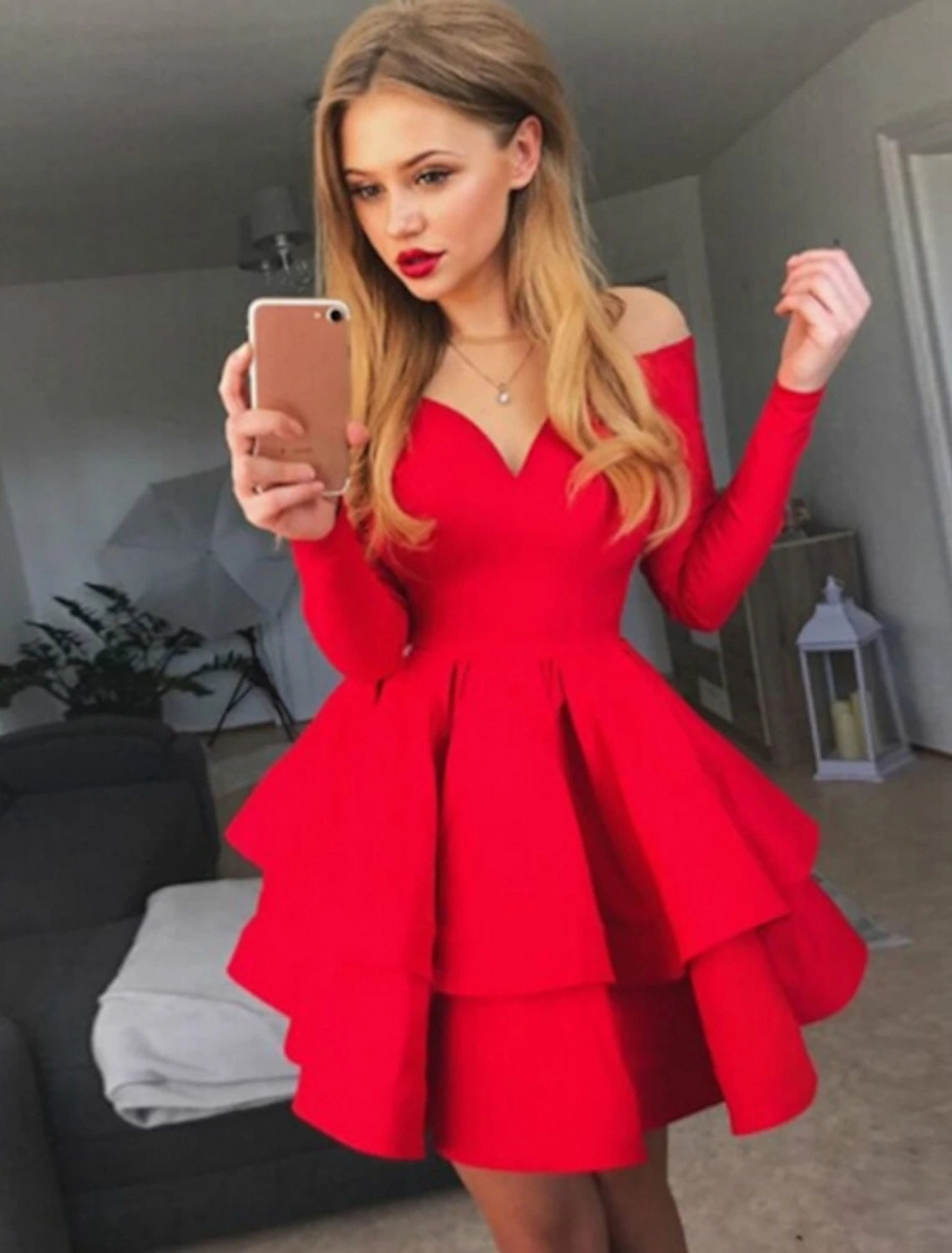 A-line Ruched Homecming Dresses Black Red White Long Sleeve Layered Tiered Short Dress Spring Summer Off Shoulder Hot Cocktail Party