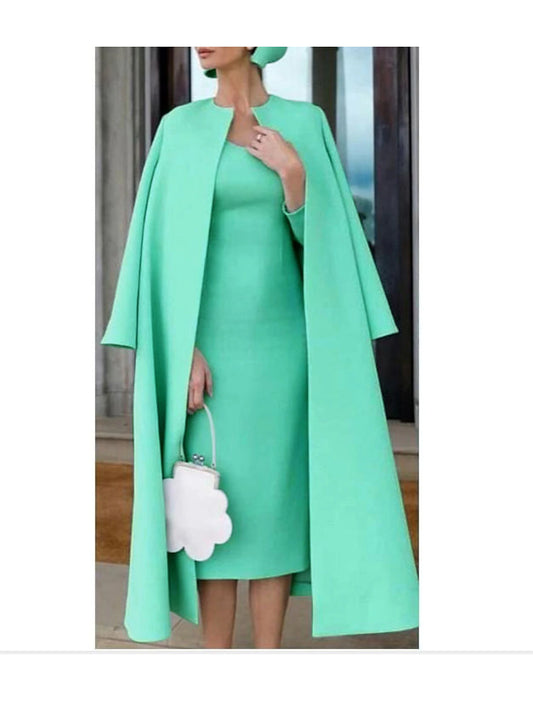 Two Piece Sheath / Column Mother of the Bride Dress Fall Wedding Guest Dresses Church Elegant Jewel Neck Knee Length Stretch Fabric Half Sleeve Jacket Dresses with Solid Color