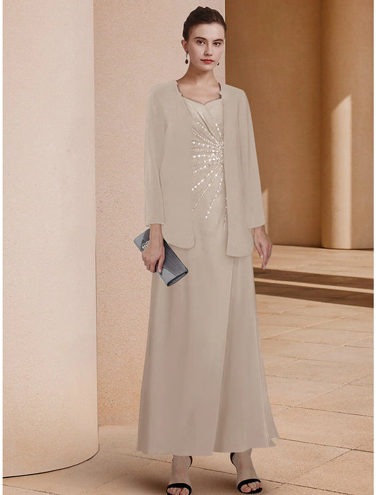 Two Piece A-Line Mother of the Bride Dress Formal Wedding Guest Elegant Sweetheart Ankle Length Chiffon Lace Sequined 3/4 Length Sleeve Jacket Dresses with Sequin Ruching