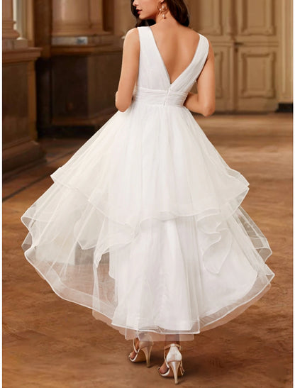 Little White Dresses Wedding Dresses A-Line V Neck Sleeveless Asymmetrical Tulle Bridal Gowns With Pleats Ruched