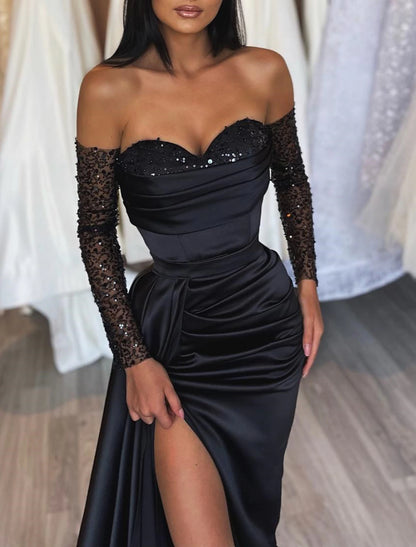 Mermaid Black Dress Plus Size Evening Gown Black Dress Plus Size Vintage Formal Wedding Party Court Train Long Sleeve Off Shoulder Satin with Ruched Sequin Slit