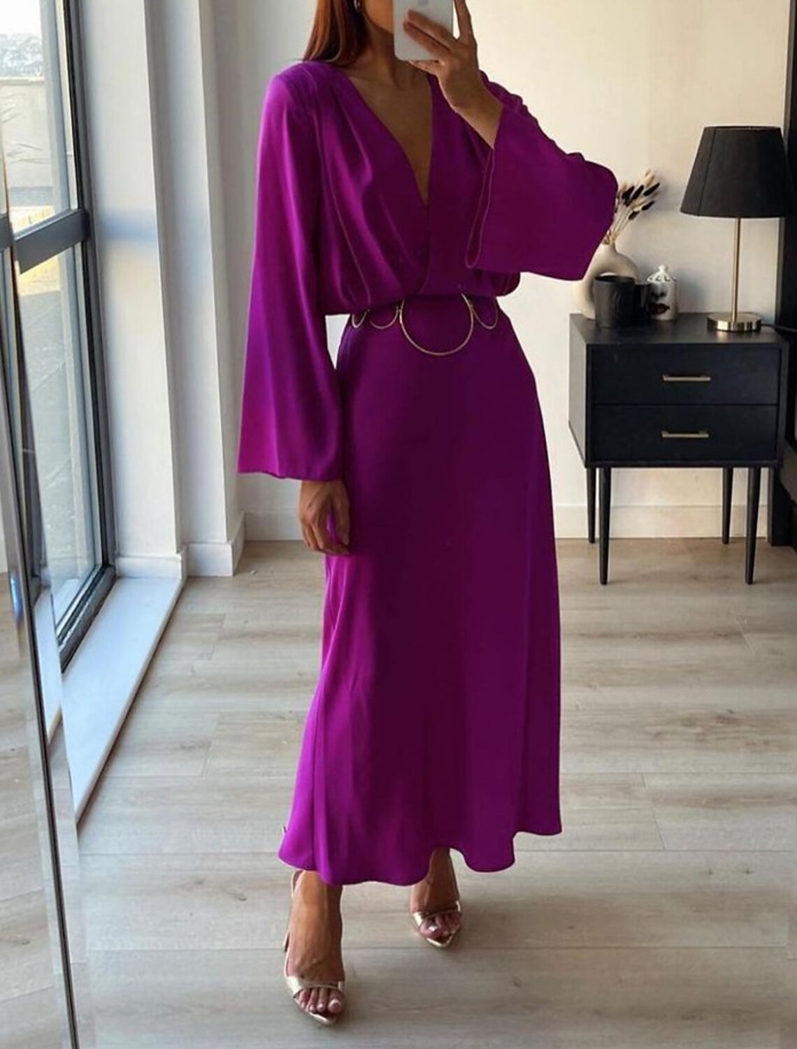 A-Line Wedding Guest Dresses Elegant Dress Holiday Summer Ankle Length Long Sleeve V Neck Fall Wedding Guest Polyester with Fringe