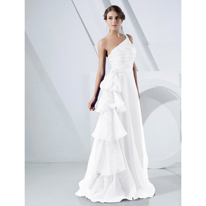 A-Line Elegant Dress Formal Evening Floor Length Sleeveless One Shoulder Organza with Side Draping Cascading Ruffles