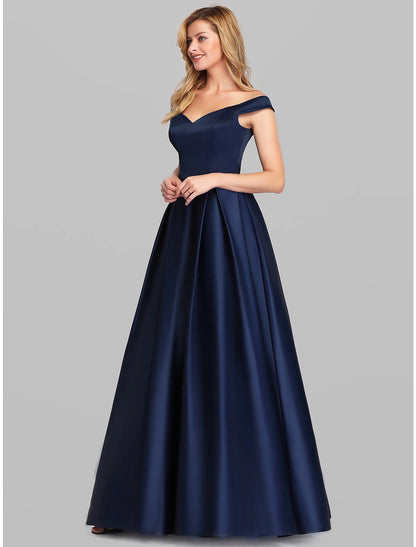 A-Line Evening Gown Elegant & Luxurious Dress Wedding Guest Floor Length Sleeveless Plunging Neck Satin with Ruched