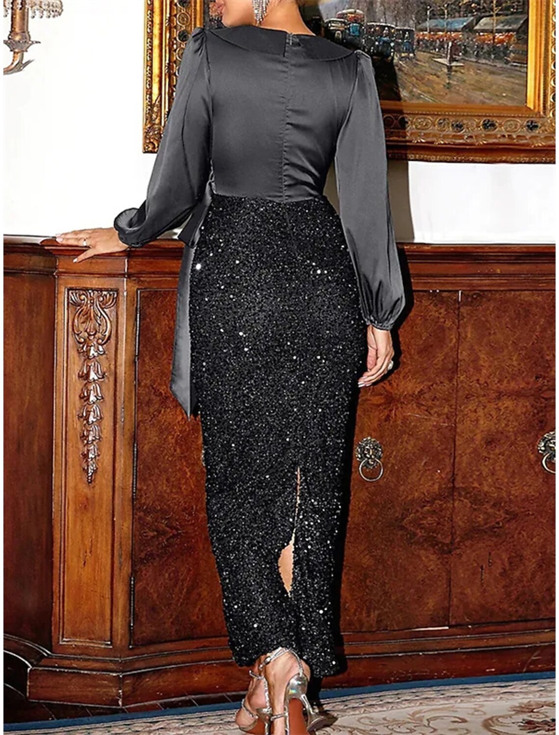 Mermaid / Trumpet Wedding Guest Dresses Sparkle & Shine Dress Wedding Party Semi Formal Ankle Length Long Sleeve V Neck Sequined with Sequin Slit Strappy