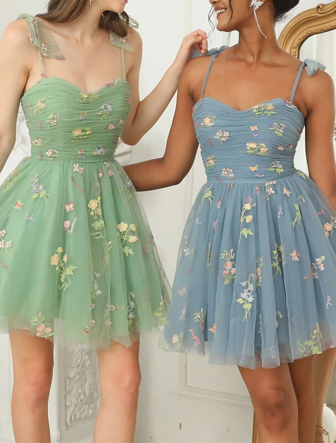 A-Line Homecoming Dresses Floral Dress Party Wear Summer Short / Mini Sleeveless Spaghetti Strap Tulle with Embroidery