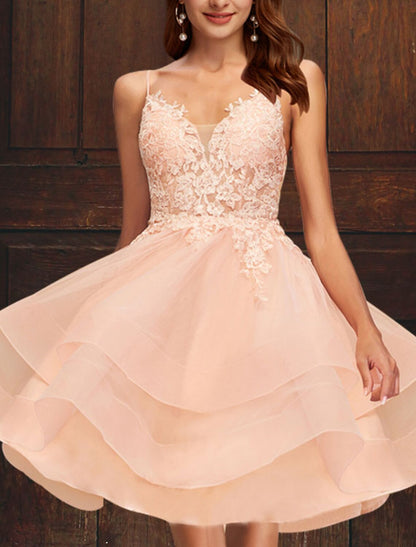 A-Line Cocktail Dresses Plus Size Dress Homecoming Graduation Short / Mini Sleeveless V Neck Pink Dress Tulle with Tiered