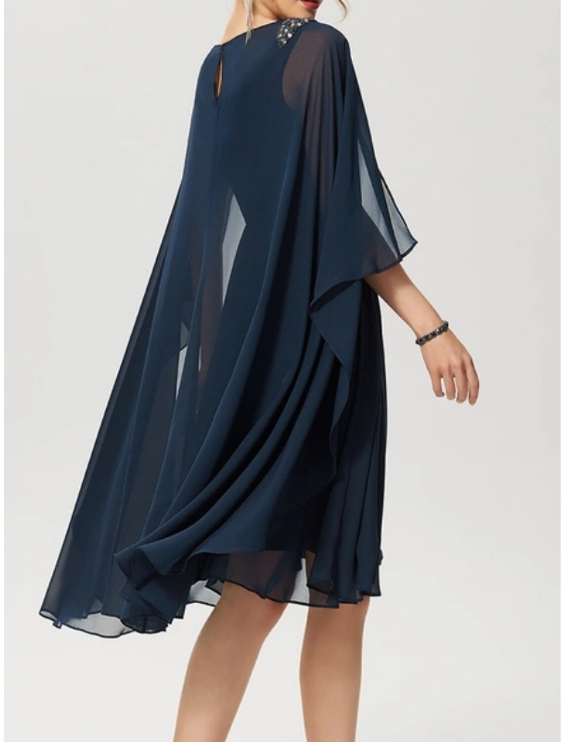 A-Line Wedding Guest Dresses Elegant Cape Dress Formal Fall Knee Length Sleeveless V Neck Chiffon with Pleats Ruched Crystals