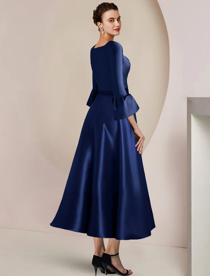 A-Line Mother of the Bride Dress Formal Wedding Guest Elegant Party Bateau Neck Tea Length Satin 3/4 Length Sleeve with Bow(s) Split Front