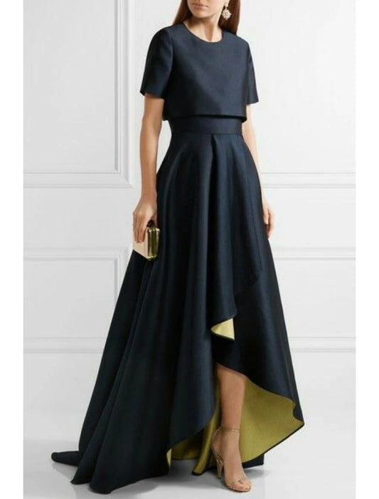 Two Piece Sheath / Column Mother of the Bride Dress Wedding Guest Church Simple Elegant High Low Jewel Neck Asymmetrical Taffeta Short Sleeve with Pleats Solid Color