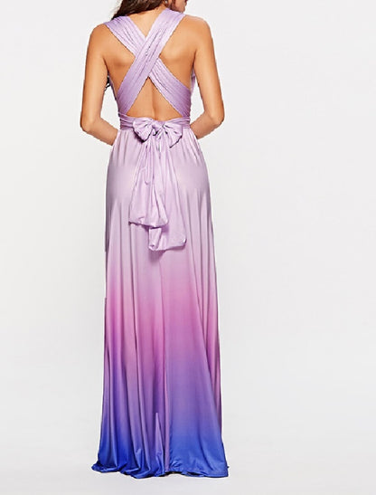 A-Line Ombre Engagement Prom Dress V Neck Backless Crisscross Back Sleeveless Floor Length Jersey with Criss Cross Ruched