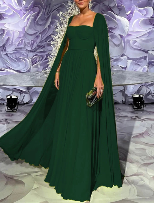 A-Line Evening Gown Elegant Cape Green Dress Formal Fall Floor Length Long Sleeve Square Neck Chiffon with Pleats