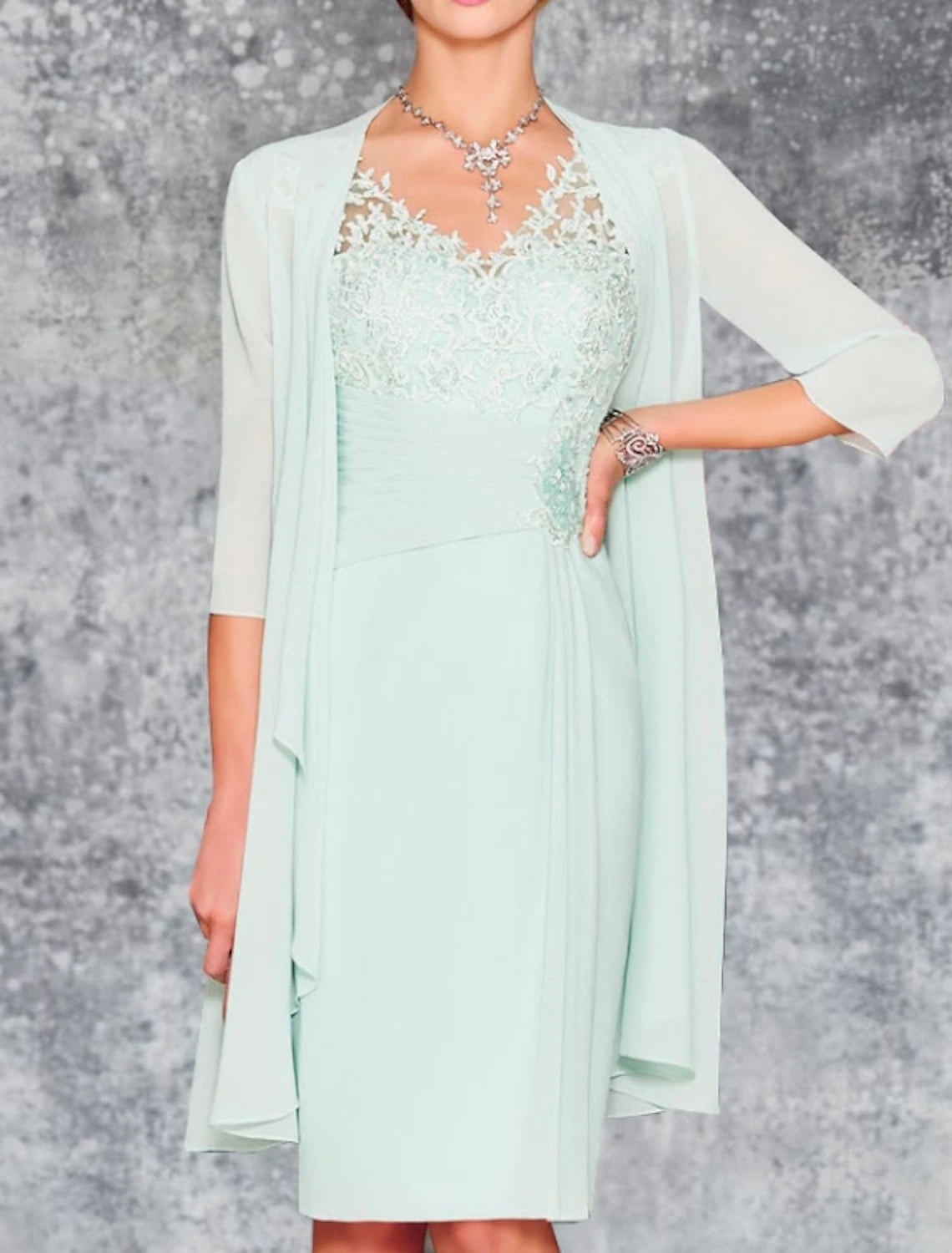 Two Piece Sheath / Column Mother of the Bride Dress Fall Wedding Guest Church Elegant Length Sleeve V Neck Knee Length Lace Chiffon 3/4 with Jacket Embroidery