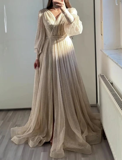 A-Line Prom Dresses Glittering Dress Formal Black Tie Floor Length Long Sleeve V Neck Fall Wedding Guest Tulle with Ruched