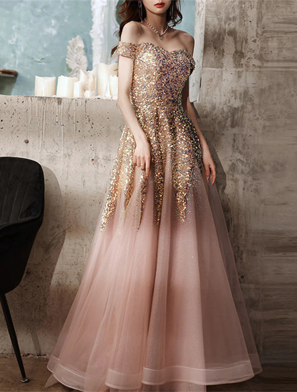 A-Line Prom Dresses Elegant Dress Formal Wedding Guest Floor Length Short Sleeve Off Shoulder Polyester with Sequin