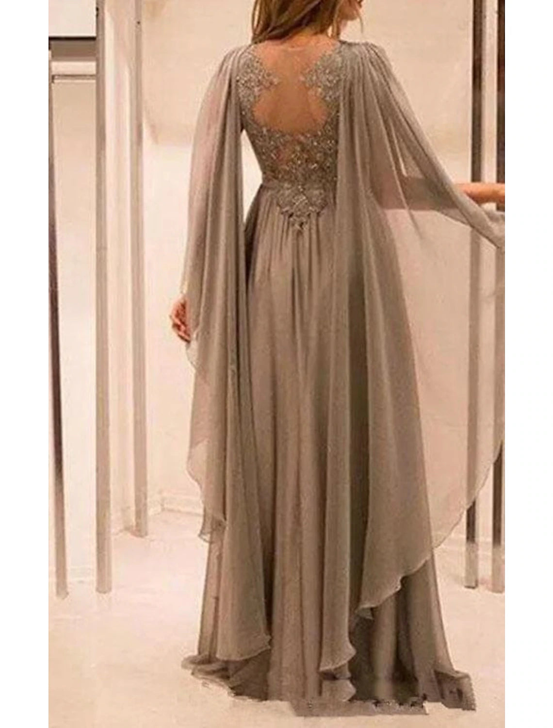 A-Line Mother of the Bride Dresses Plus Size Hide Belly Curve Open Back Fall Wedding Guest Dresses Formal Floor Length Short Sleeve V Neck Chiffon with Pleats Beading