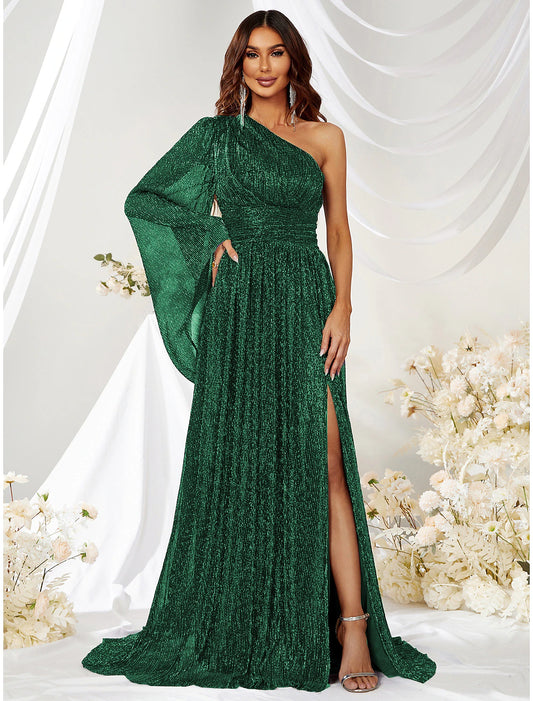 A-Line Wedding Guest Dresses Sparkle & Shine Dress Formal Sweep / Brush Train Long Sleeve One Shoulder Polyester with Glitter Slit