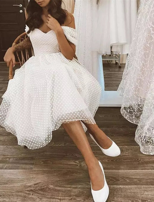 A-Line Party Dresses Sexy Dress Homecoming Graduation Tea Length Short Sleeve Off Shoulder Tulle with Polka Dot