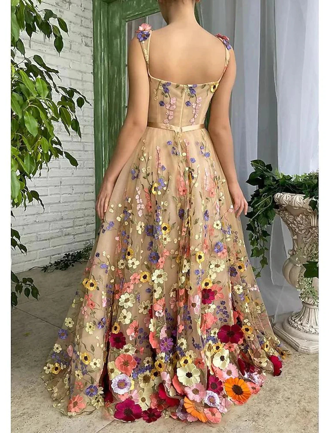 A-Line Prom Dresses Celebrity Style Dress Formal Wedding Guest Floor Length Sleeveless Spaghetti Strap Lace with Floral Print Appliques Shouder Flower