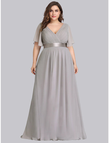 A-Line Empire Fall Wedding Guest Dress For Bridesmaid Plus Size Formal Evening Dress V Neck Short Sleeve Floor Length Chiffon with Pleats Ruched