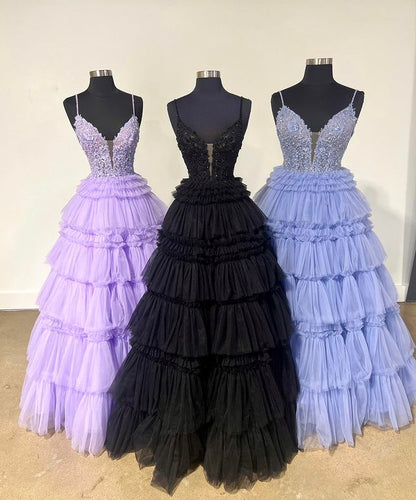 Spaghetti Straps Tulle Tiered Prom Dress With Applique