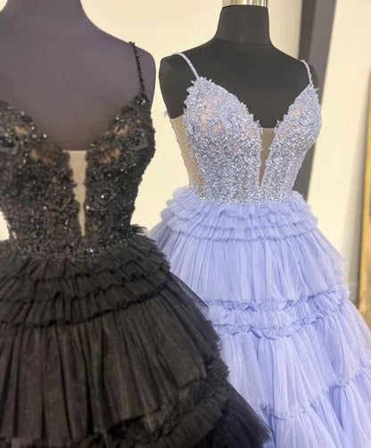 Spaghetti Straps Tulle Tiered Prom Dress With Applique