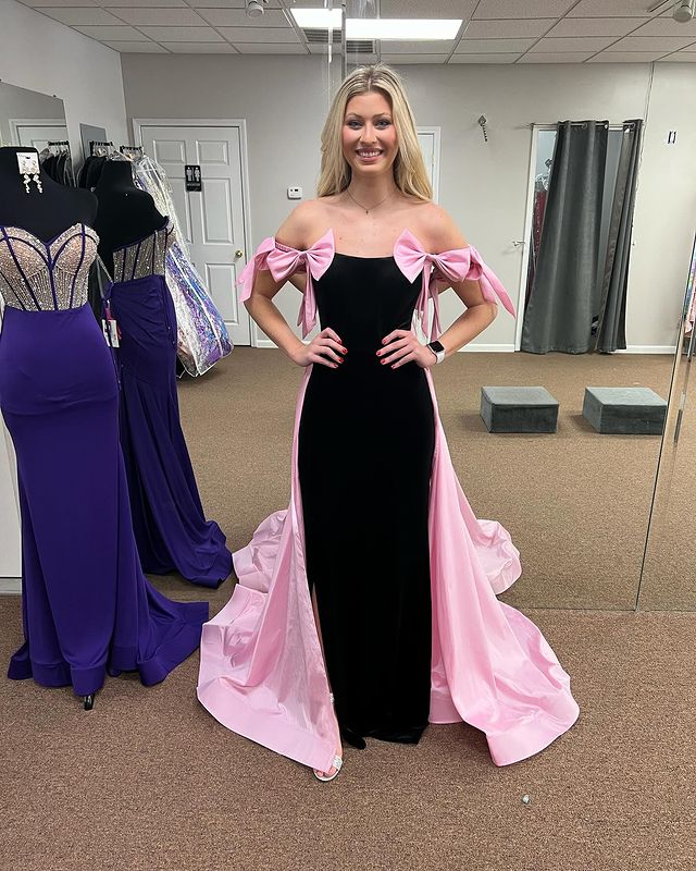Sheath Off The Shoulder Bow Long Prom Dresses With Train
