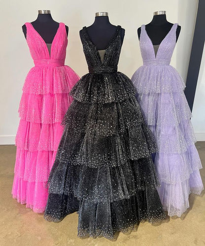 Ball Gown V Neck Tulle Tiered Prom Dresses With Slit