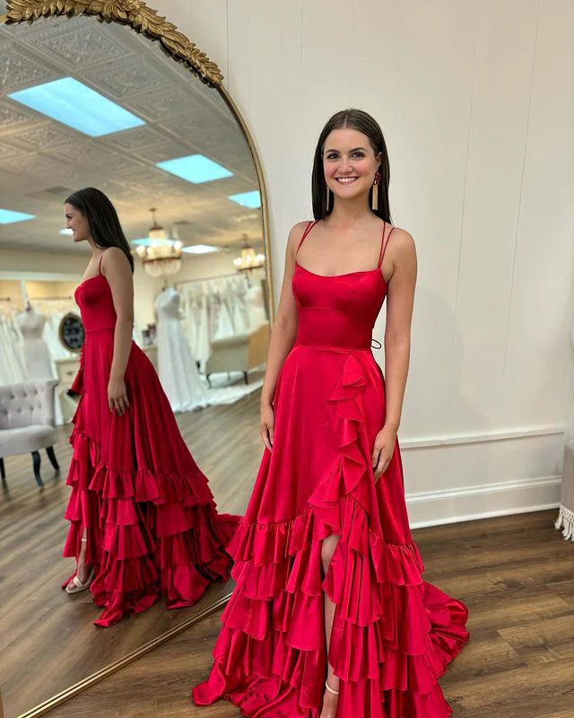 Sexy Side Slit Long Spaghetti Straps Prom Dresses with Flounced