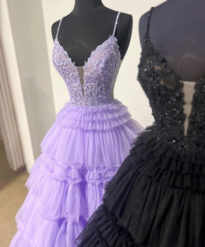 Spaghetti Straps Tulle Tiered Prom Dress With Applique