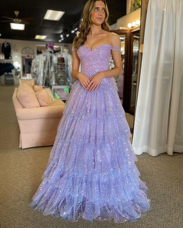 A Line Off The Shoulder Tulle Tiered Ruffle Prom Dresses